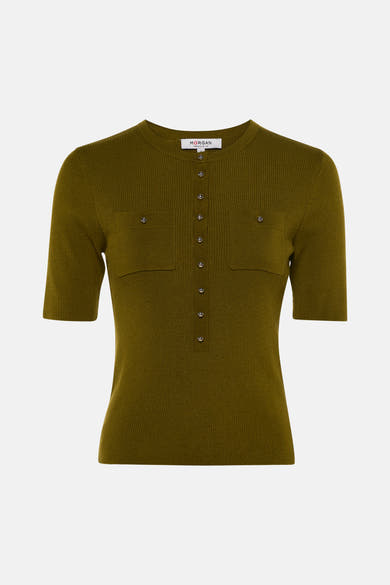 Olive green ribbed short-sleeve top by Morgan with front buttons and two chest pockets, front view