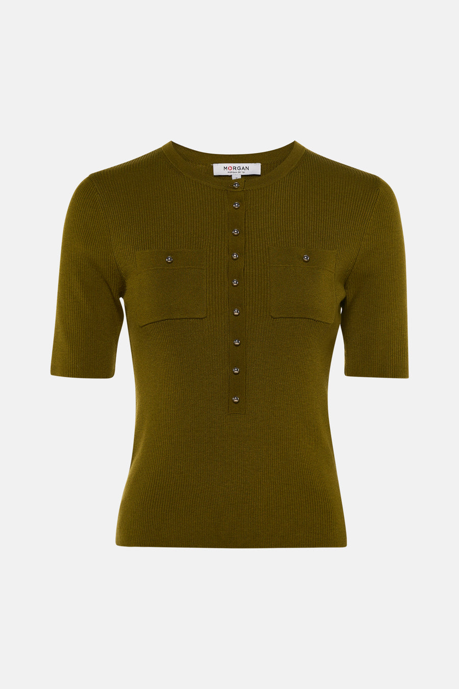 Olive green ribbed short-sleeve top by Morgan with front buttons and two chest pockets, front view