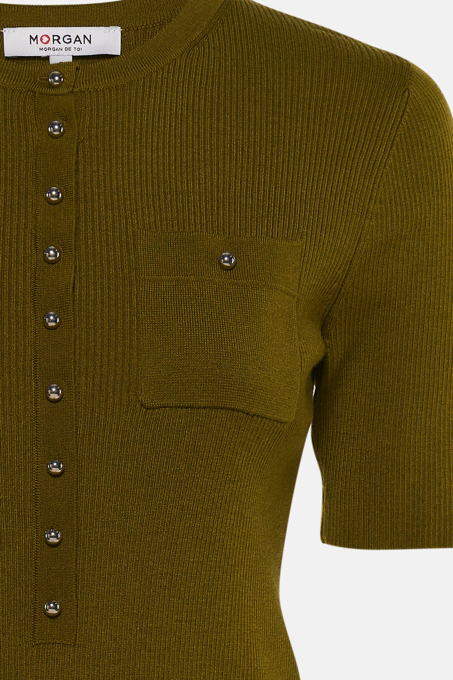 Olive green ribbed short-sleeve top by Morgan with front buttons and chest pocket, close-up view