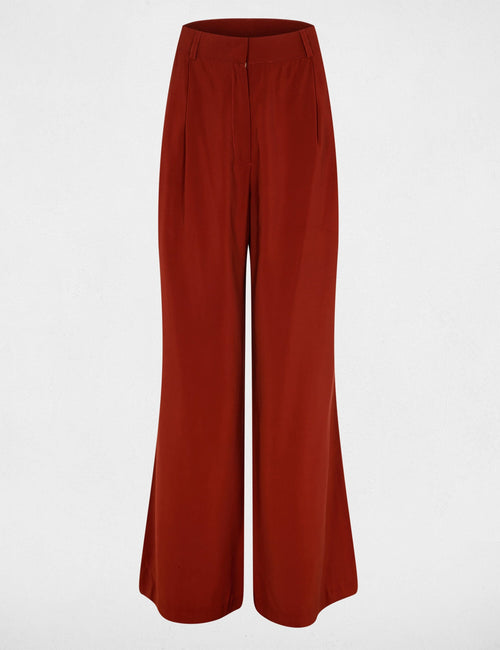 Orange wide-leg suit trousers by Morgan de Toi, front view, smooth fabric with high waist and pleats