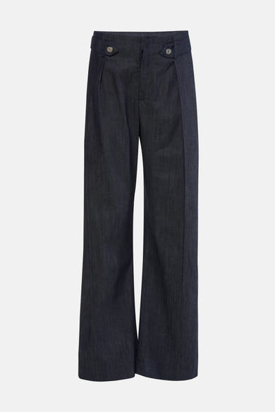 Dark blue wide-leg denim jeans by PJAMES, featuring front pleats and silver-tone buttons, shown in front view.
