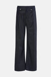 Dark blue wide-leg denim jeans by PJAMES, featuring front pleats and silver-tone buttons, shown in front view.