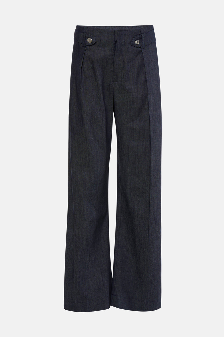 Dark blue wide-leg denim jeans by PJAMES, featuring front pleats and silver-tone buttons, shown in front view.