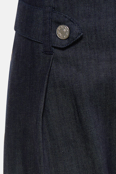 Dark blue denim jeans by PJAMES, close-up of front pocket with star-embossed silver button, textured twill weave, side view