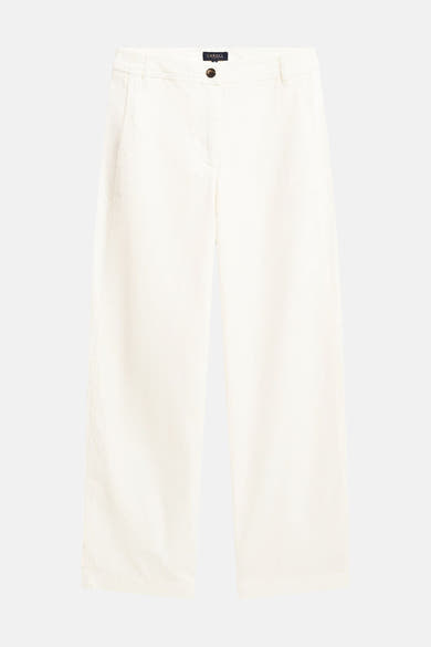 Beige straight-leg pants by Caroll, front view, clean cotton texture, simple design with button closure and visible stitching.