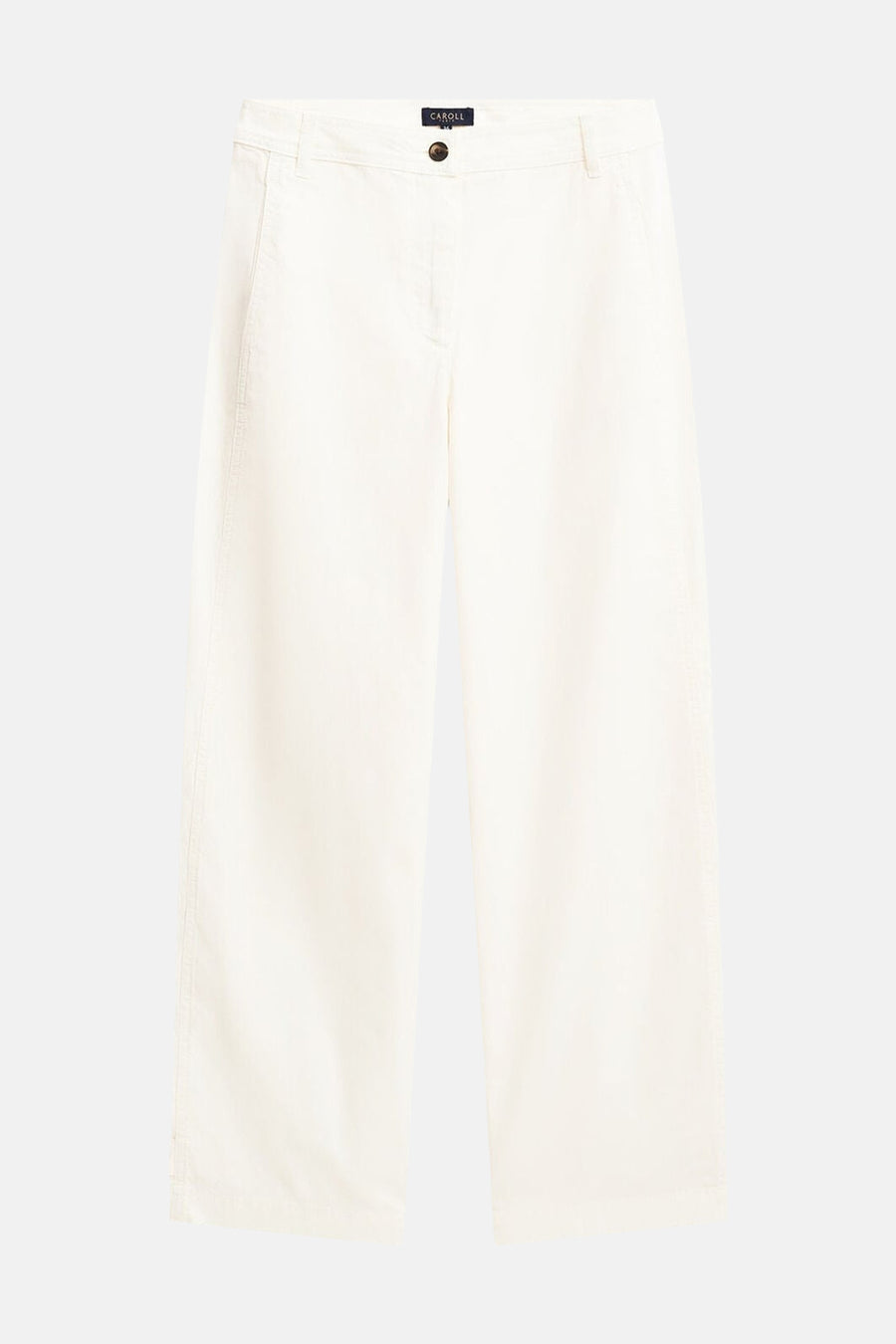 Beige straight-leg pants by Caroll, front view, clean cotton texture, simple design with button closure and visible stitching.