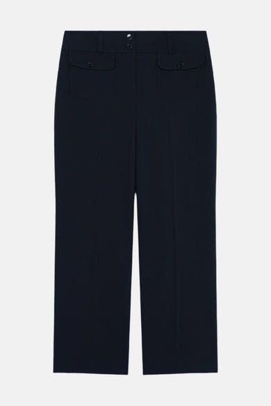 Pantalon femme bleu marine CAROLL à jambes droites, avec deux poches à rabat à l’avant.