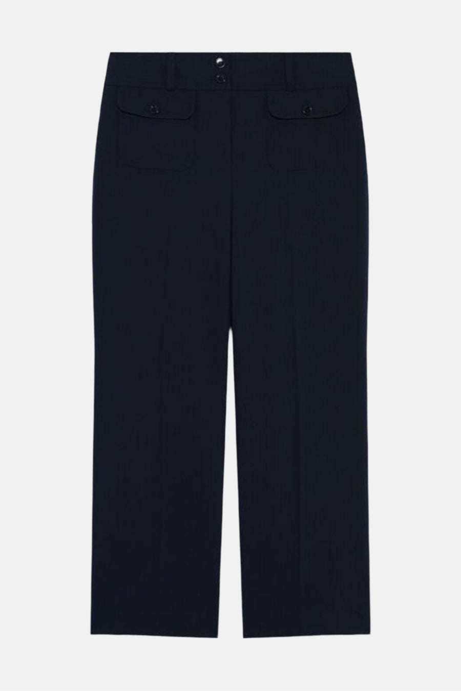 Pantalon femme bleu marine CAROLL à jambes droites, avec deux poches à rabat à l’avant.