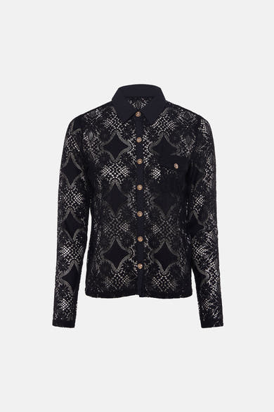Black long-sleeve lace blouse with geometric pattern and gold buttons, front view
