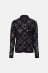 Black long-sleeve lace blouse with geometric pattern and gold buttons, front view