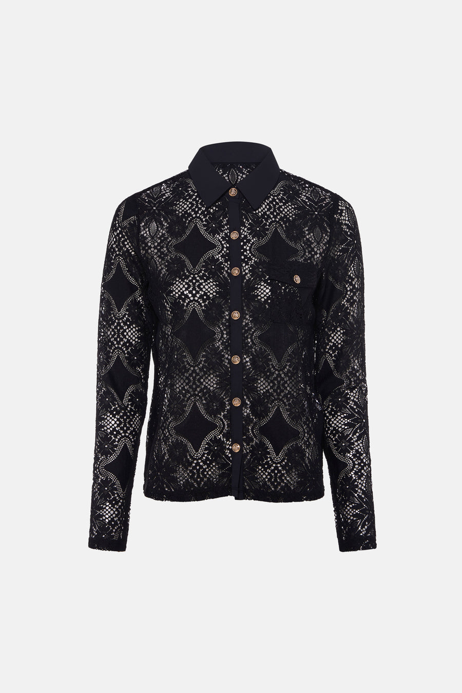 Black long-sleeve lace blouse with geometric pattern and gold buttons, front view