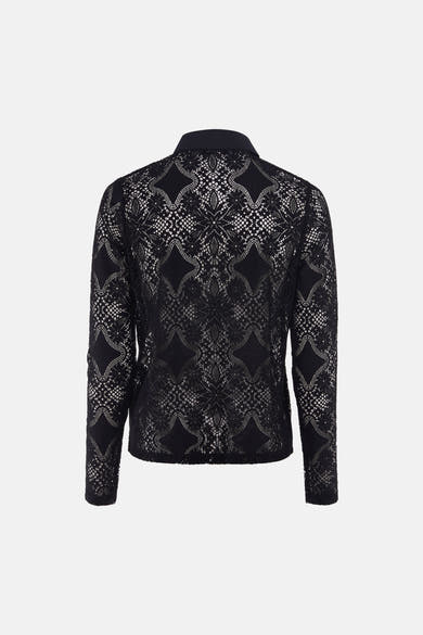 Black long-sleeve lace blouse with geometric pattern, back view, sheer texture, solid collar