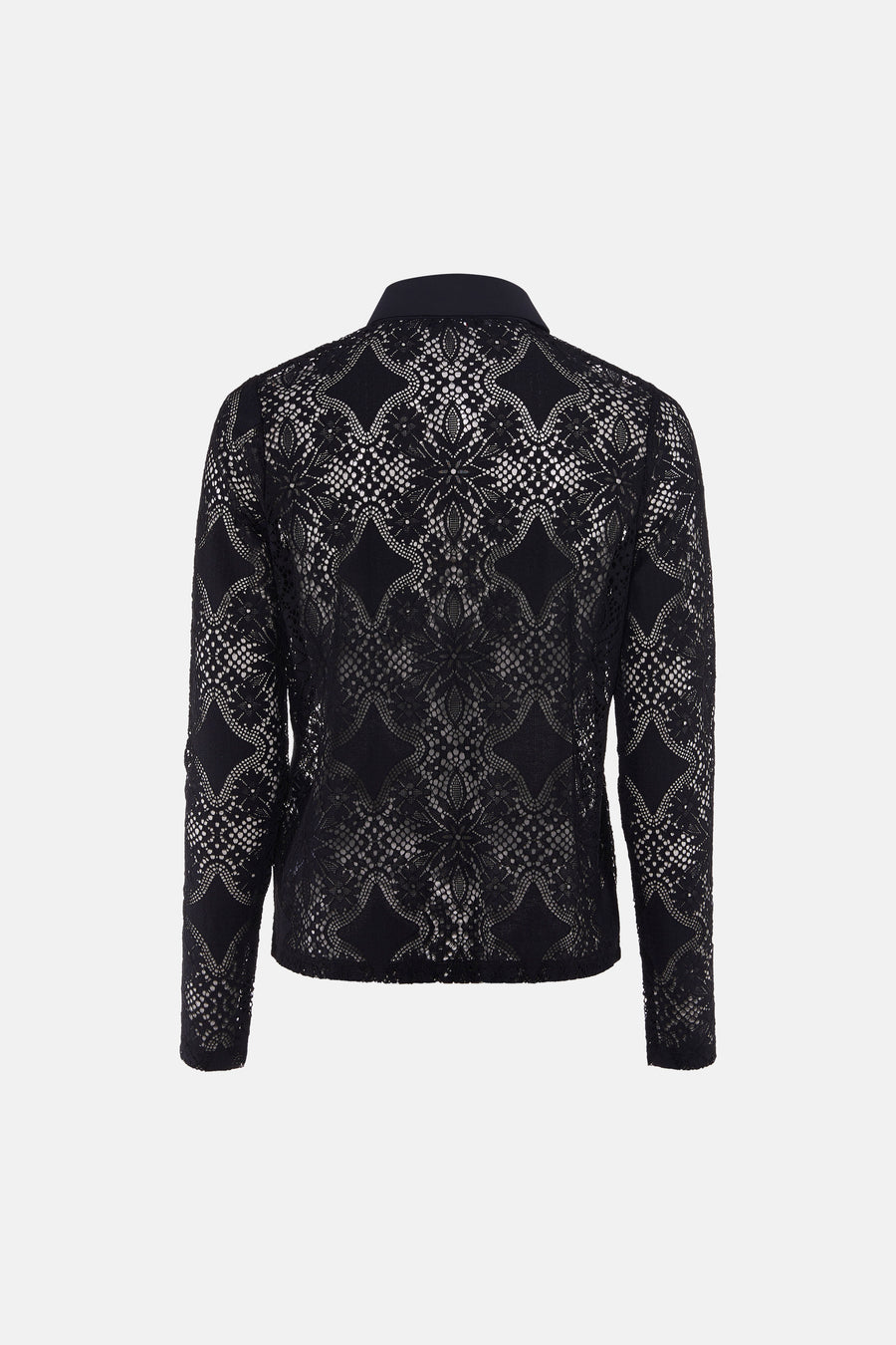 Black long-sleeve lace blouse with geometric pattern, back view, sheer texture, solid collar