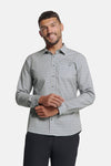 Multikleuren overhemd met lange mouwen van NO EXCESS met subtiel printpatroon, gedragen met een zwarte broek.