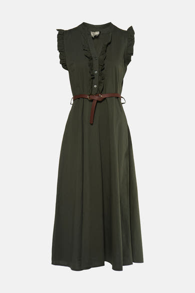 Khaki sleeveless dress with ruffled neckline and front buttons, featuring a brown leather belt at the waist, shown in front view.