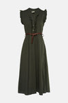 Khaki sleeveless dress with ruffled neckline and front buttons, featuring a brown leather belt at the waist, shown in front view.