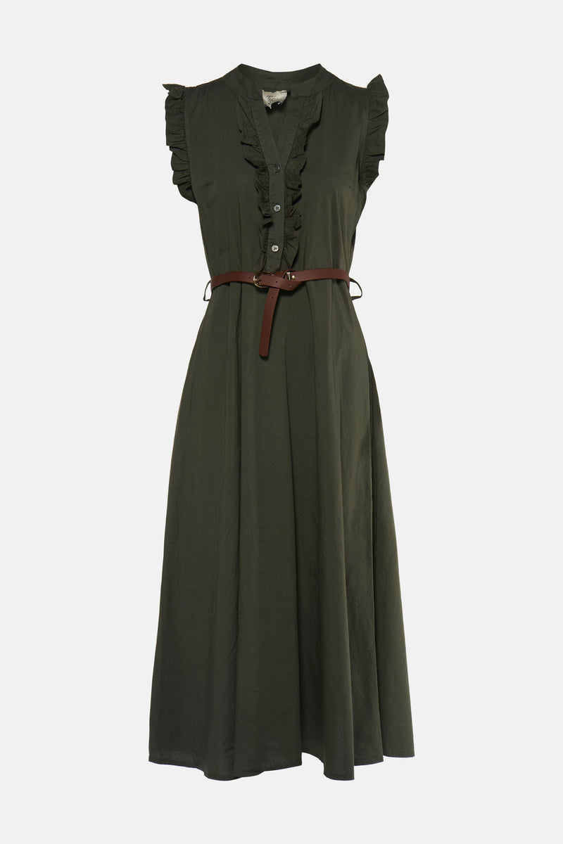 Khaki sleeveless dress with ruffled neckline and front buttons, featuring a brown leather belt at the waist, shown in front view.