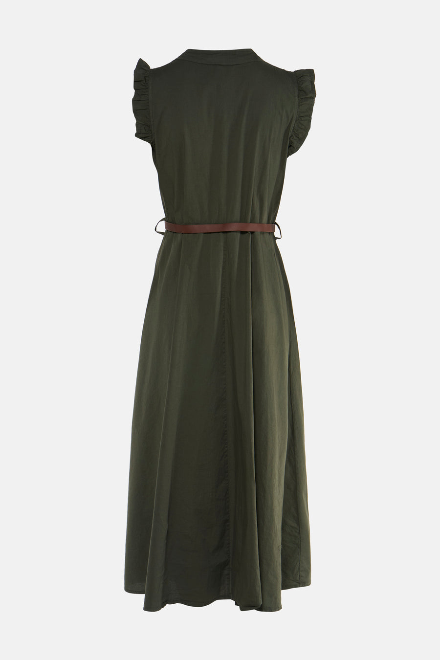 Khaki sleeveless dress with ruffled cap sleeves and brown belt, back view, flowing fabric, mid-length skirt