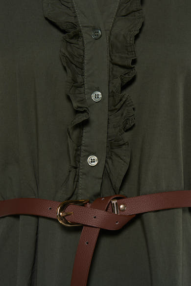 Khaki sleeveless dress with ruffled front placket and silver buttons, featuring a brown leather belt with gold buckle, close-up view