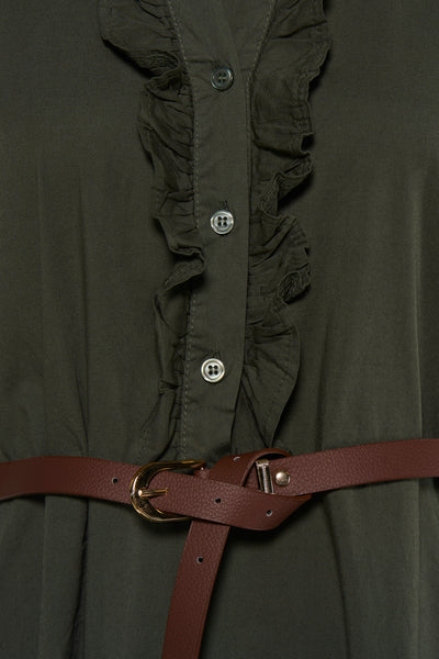 Khaki sleeveless dress with ruffled front placket and silver buttons, featuring a brown leather belt with gold buckle, close-up view