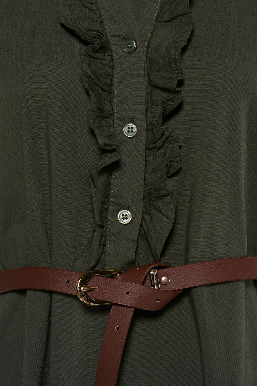 Khaki sleeveless dress with ruffled front placket and silver buttons, featuring a brown leather belt with gold buckle, close-up view
