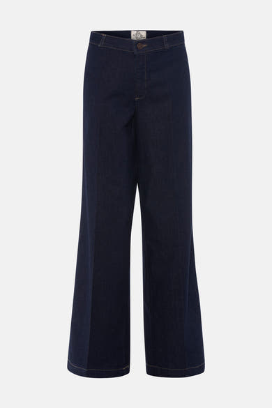 Dark blue wide-leg denim jeans by Parami, featuring a high waist and clean stitching, front view.