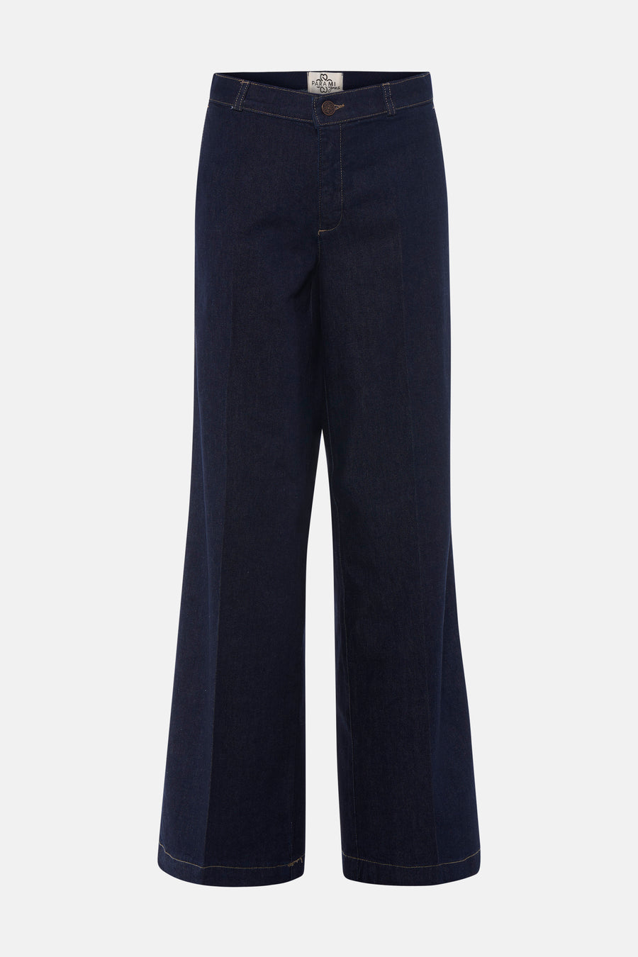 Dark blue wide-leg denim jeans by Parami, featuring a high waist and clean stitching, front view.