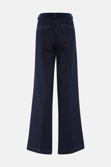 Dark blue wide-leg denim jeans by MIRA, back view with contrast stitching and two welt pockets