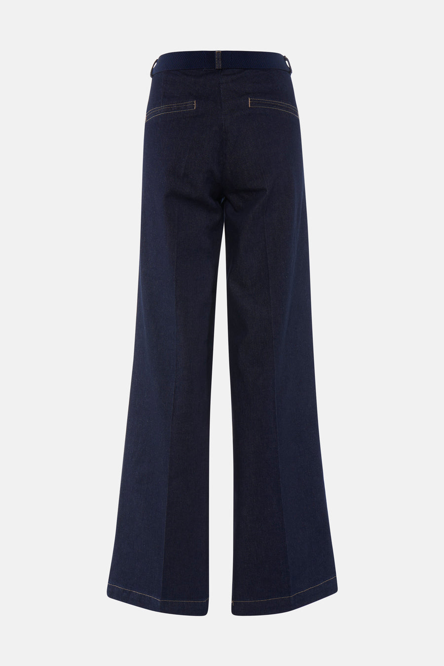 Dark blue wide-leg denim jeans by MIRA, back view with contrast stitching and two welt pockets