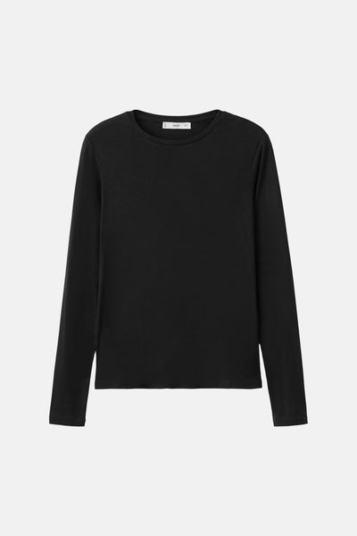 Black long-sleeve t-shirt by MNG, plain knit with round neckline, front view