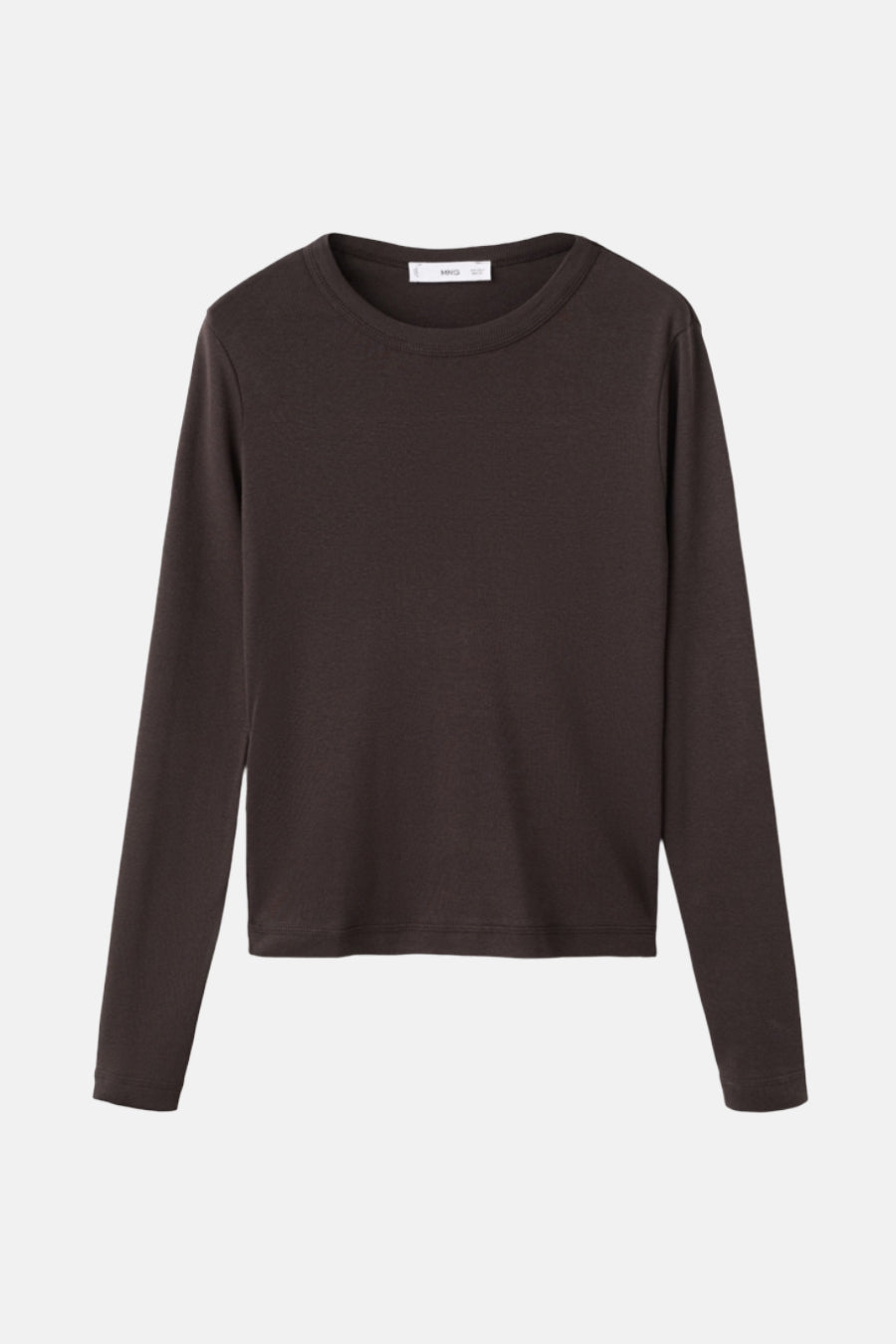 T-shirt uni à manches longues brun de MANGO, avec un col rond classique.