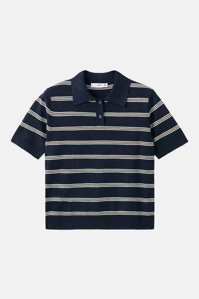 Polo bleu à manches courtes de MANGO, rayures horizontales blanches, col classique et patte de boutonnage.