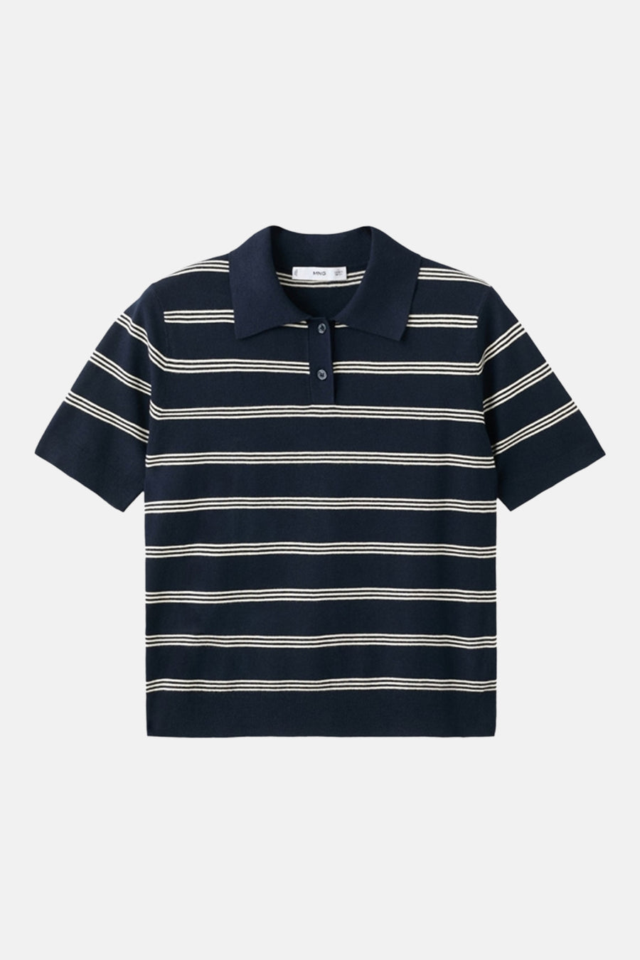 Polo bleu à manches courtes de MANGO, rayures horizontales blanches, col classique et patte de boutonnage.