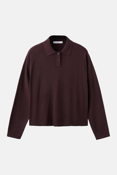Pull col rond bordeaux de MANGO, avec col chemise et patte de boutonnage.