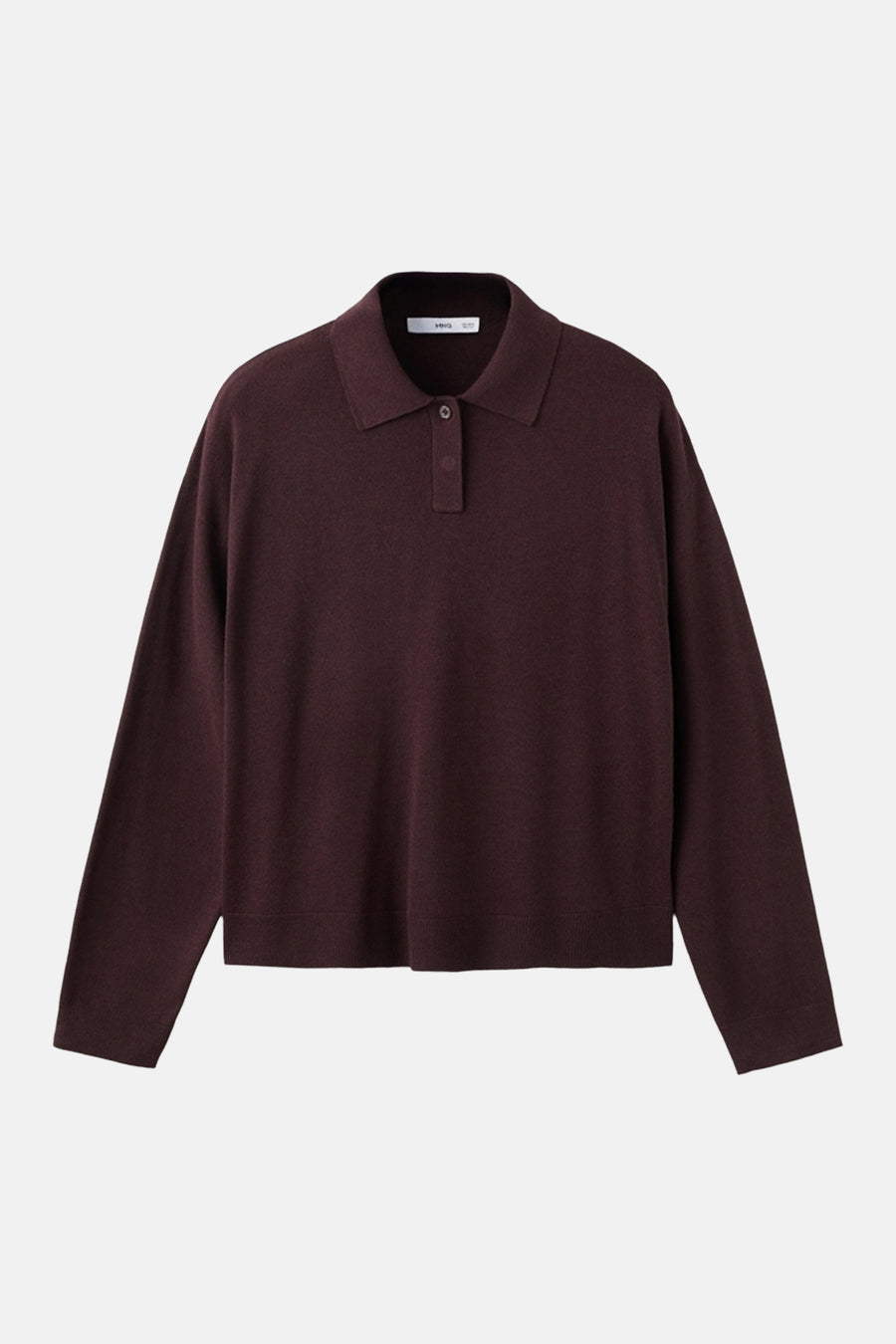 Pull col rond bordeaux de MANGO, avec col chemise et patte de boutonnage.