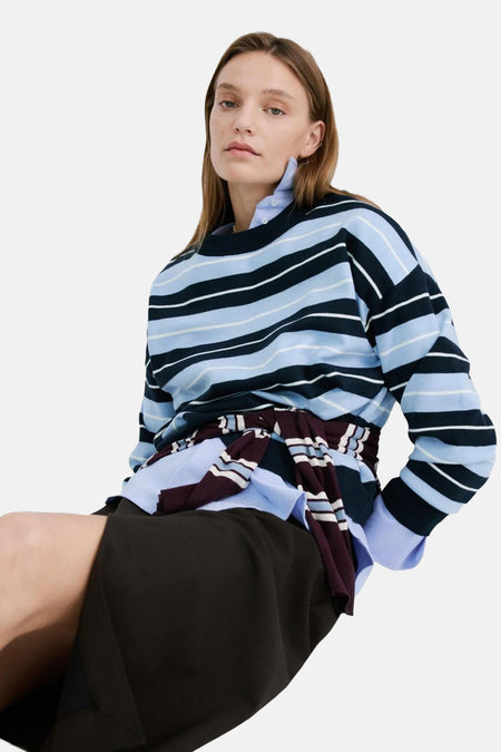 Pull col rond multicolore de MANGO, à rayures horizontales bleu clair, marine et blanc, porté sur une chemise bleu clair et une jupe noire.
