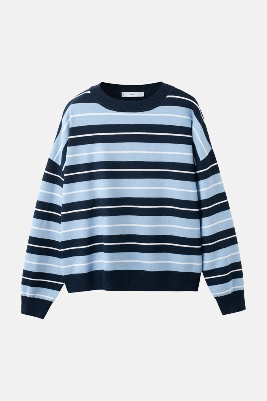 Multikleuren rondehals trui van MANGO met lichtblauwe, marineblauwe en witte horizontale strepen.