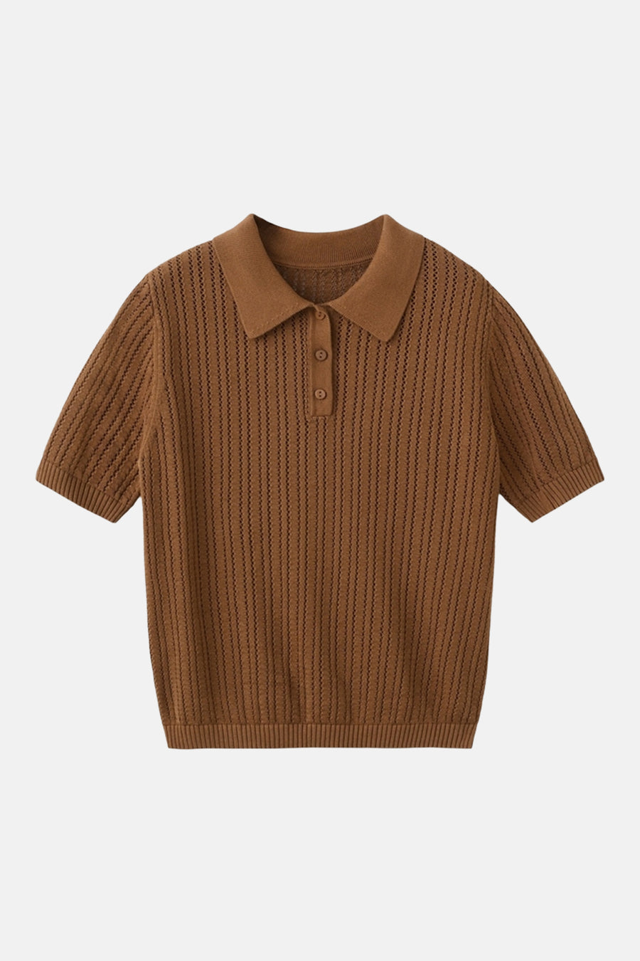 Bruin gebreid poloshirt van MANGO, met een drieknoopsluiting.
