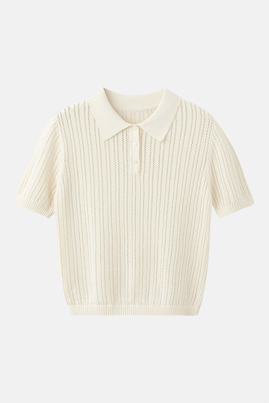 Beige poloshirt in openwork knit van MANGO, met een klassieke kraag en een korte knoopsluiting.