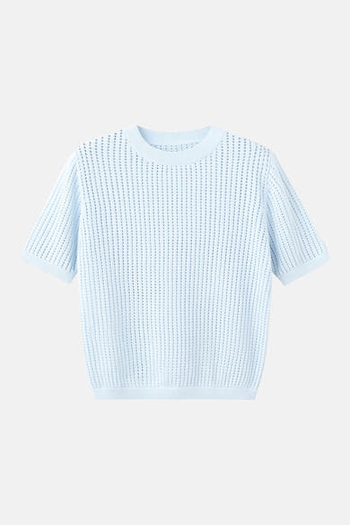 Ronde hals trui van MANGO in blauw, met een open gebreide textuur met ribbels en korte mouwen.