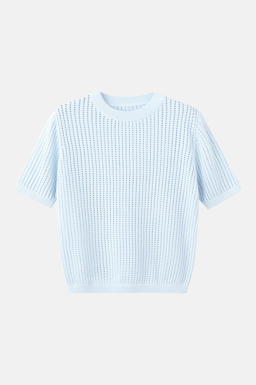 Ronde hals trui van MANGO in blauw, met een open gebreide textuur met ribbels en korte mouwen.