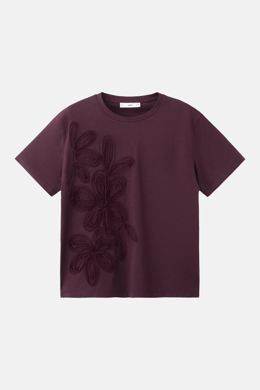 Bordeaux T-shirt met korte mouwen van MANGO, met een toon-op-toon bloemenprint op de voorkant.