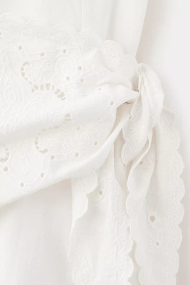 Ecru jurk van MANGO met broderie anglaise, bloemenmotieven en decoratieve strik.