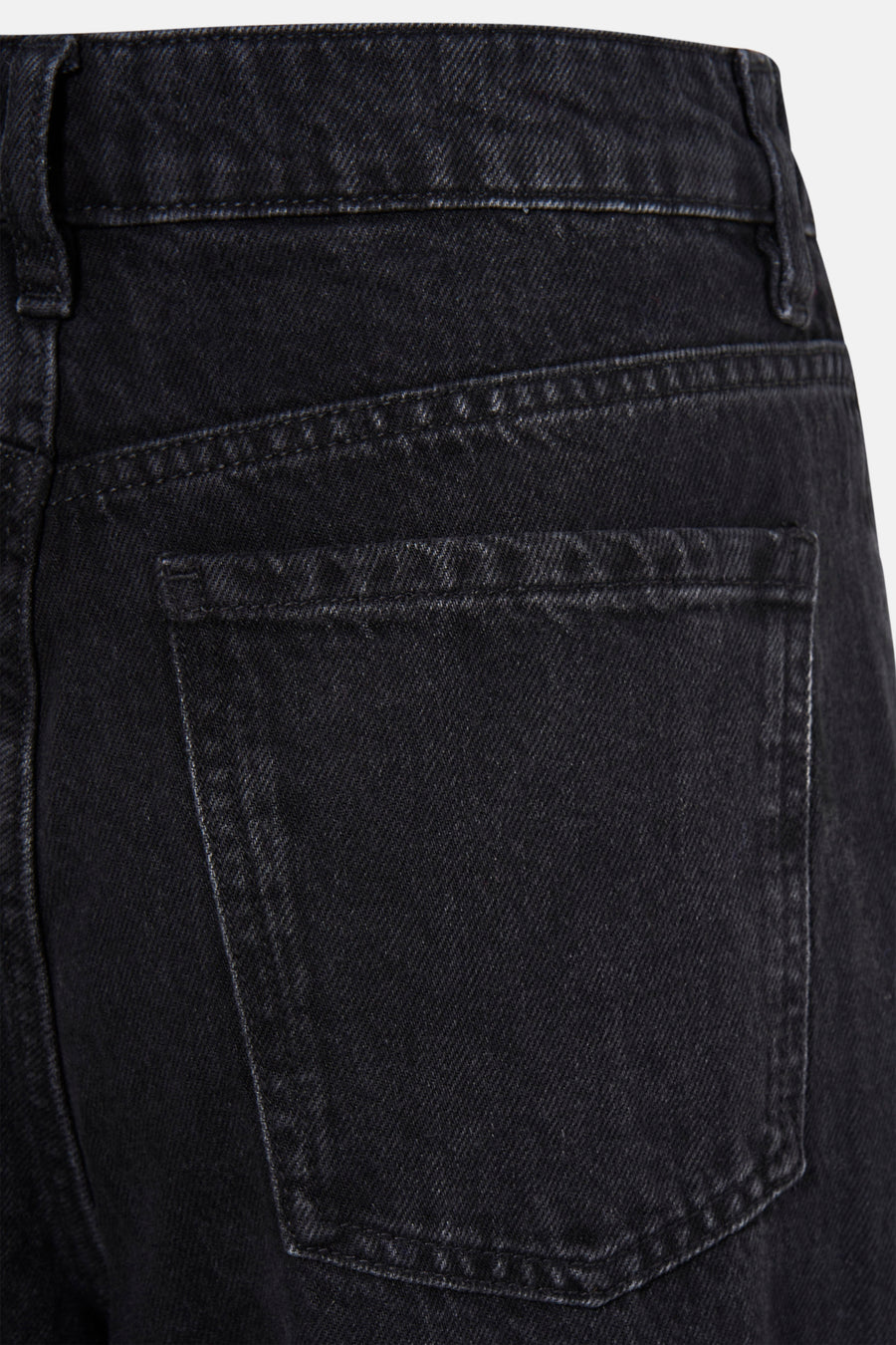 Jean droit en denim gris foncé de MANGO, détail de la poche arrière et de la ceinture.