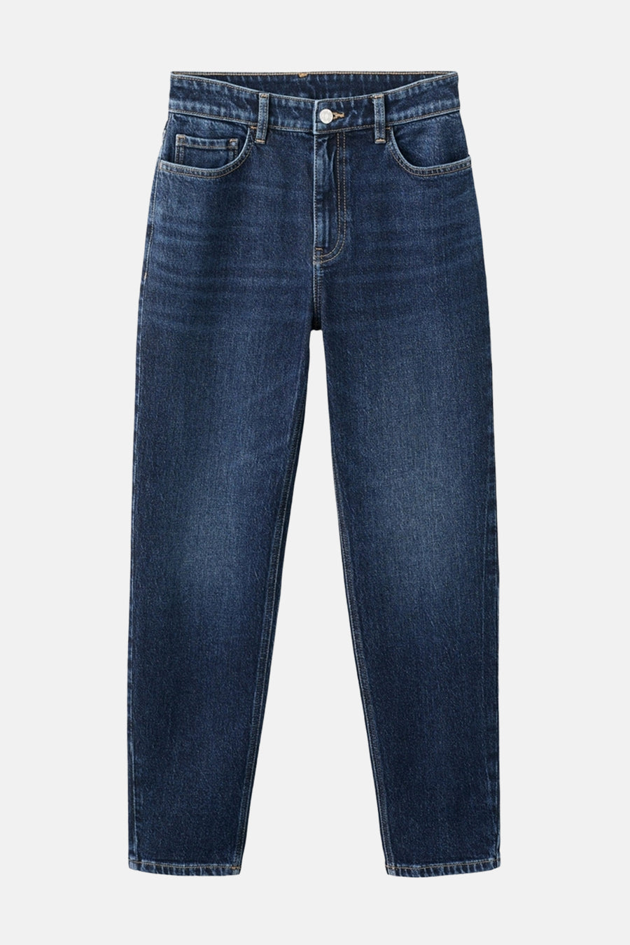 Jean Mom in donkerblauw denim van MANGO, relaxed fit met zichtbare naden en zakken.