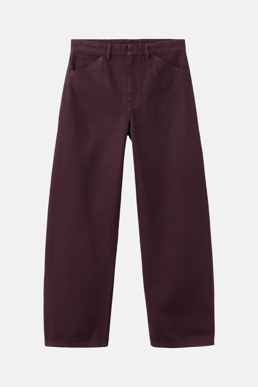 Jeans coloré bordeaux de MANGO, coupe large et décontractée, avec poches avant et passants de ceinture.