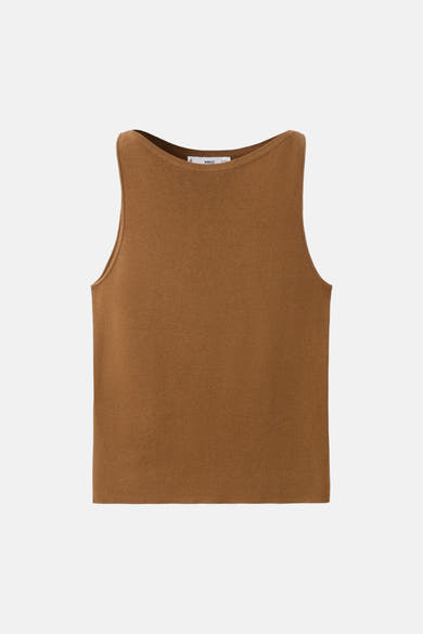 Bruin mouwloos topje van MANGO, in geribbelde stof met boothals.