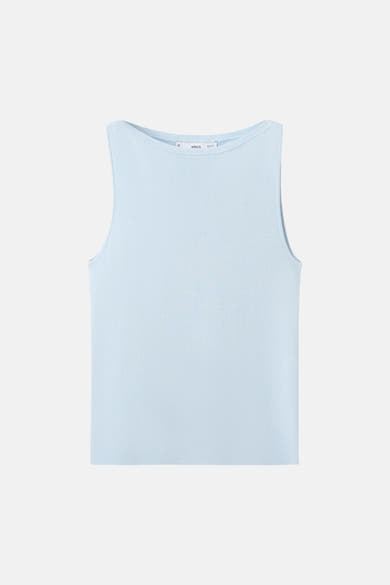 Top bleu sans manches de MANGO, sur un fond neutre.