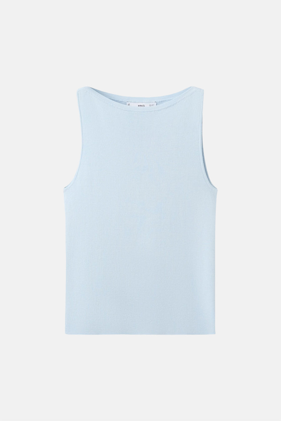 Top bleu sans manches de MANGO, sur un fond neutre.