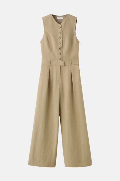 Kaki overall van MANGO, met V-hals en wijde, geplooide broek met riem.